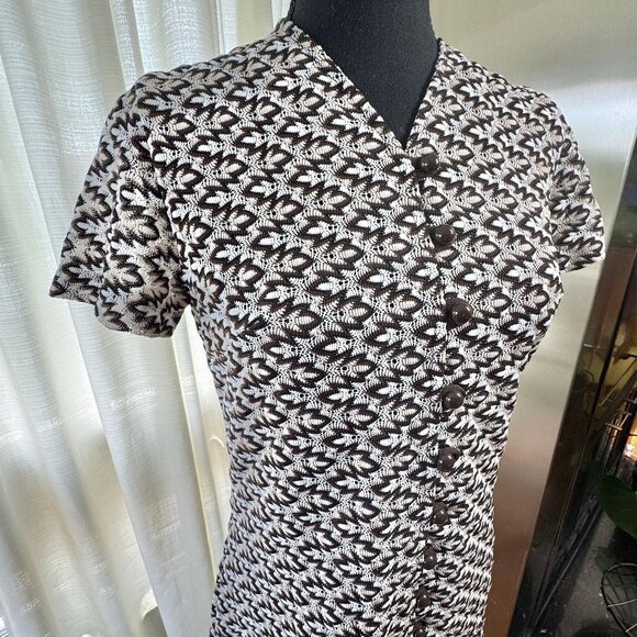 Vintage 70s top/tunic, black, white, brown abstract op-art pattern, mini dress - Picture 8 of 10